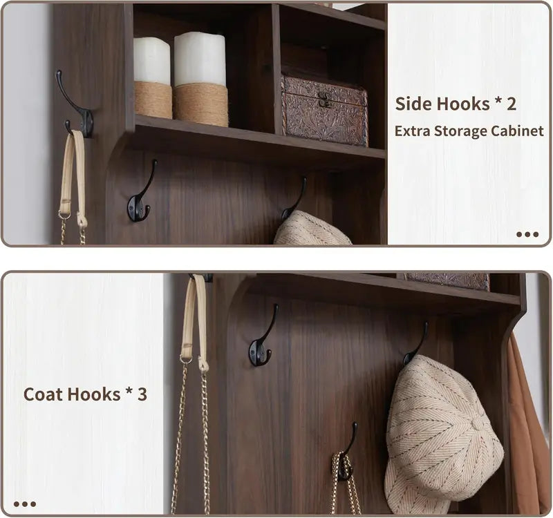 JXQTLINGMU Farmhouse Entryway Bench – 59-Inch Shoe Storage Foyer Tree with Coat Hooks & Cabinet