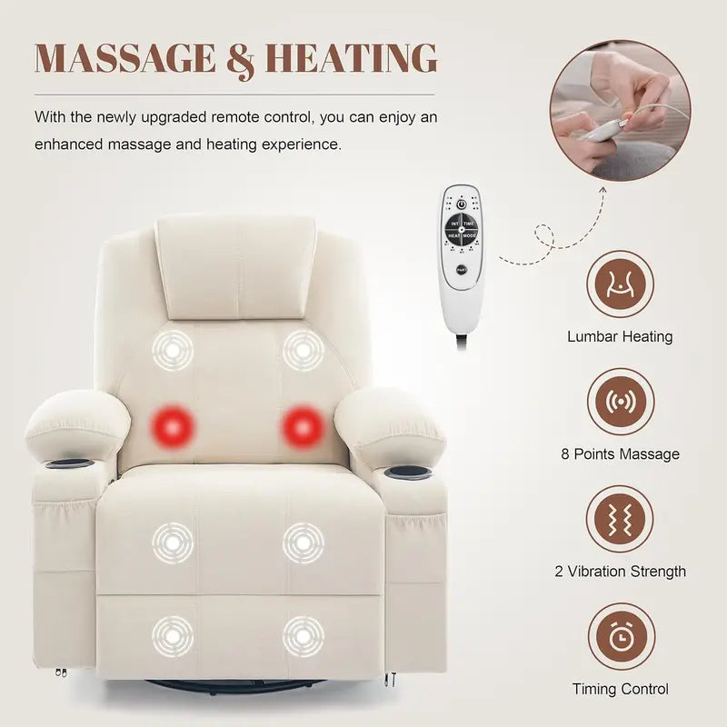 Large Swivel Rocking Recliner Sofa – Single-Seat Heated & Massaging Lounge Chair