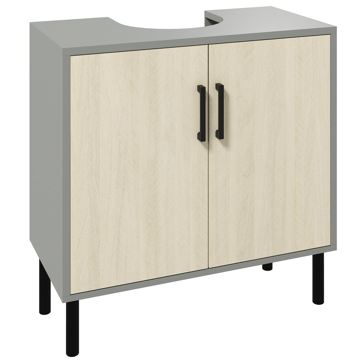 kleankin Badezimmerunterschrank mit Doppeltür und Regal aus Spanplatte, 60x30x60cm, Grau und Eiche Farbe