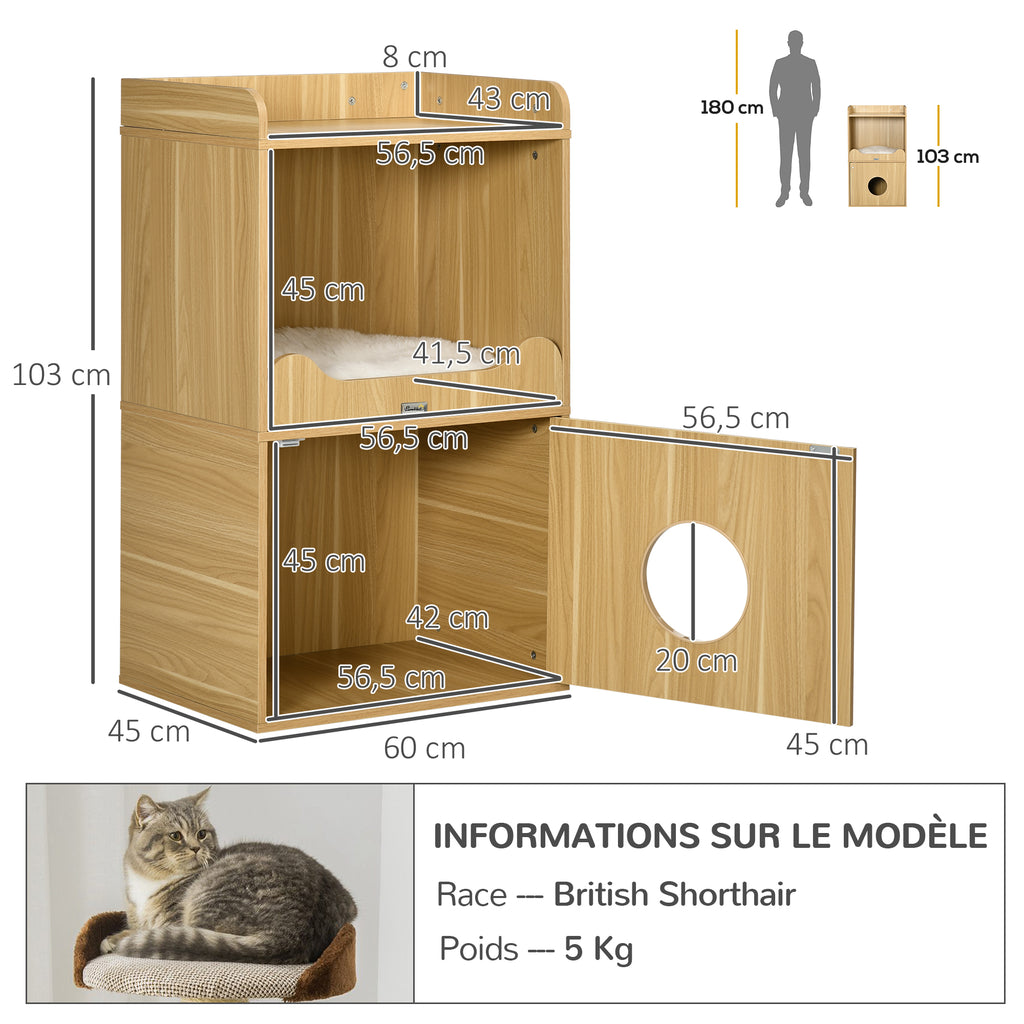 PawHut Katzenklo-Möbel, Katzenstreu-Möbel, 3 Ebenen, Fach mit Tür, 1 Kissen, 60 x 45 x 103 cm