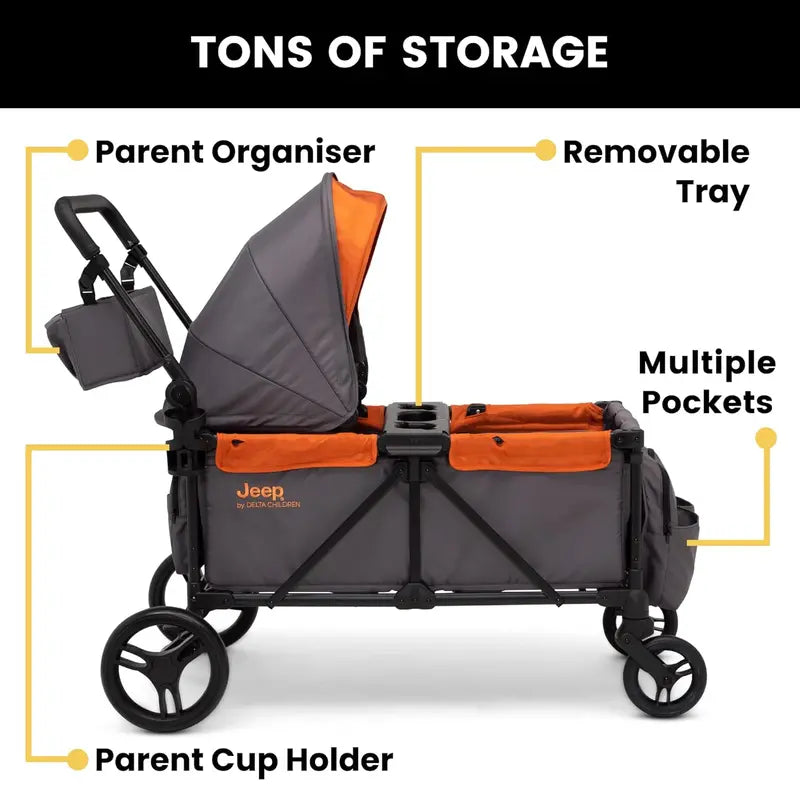Jeep Sport All-Terrain Stroller Wagon – Delta Children Model with Canopy, Parent Organizer, Snack Tray, Cup Holders & Height-Adjustable Handlebar, Grey/Olive Green