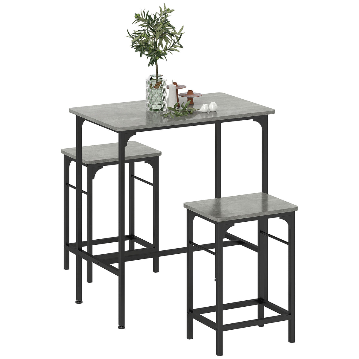 HOMCOM Bartisch Set Bartisch mit Barhocker-Set Esstisch mit 2 Stühlen mit Rutschfestem Fußpolster Grau