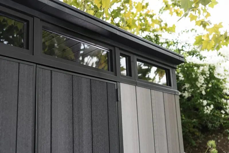 Keter Artisan 11′ x 7′ Modern Resin Storage Shed – Grey & Black, Ideal for Patio Furniture & Garden Gear