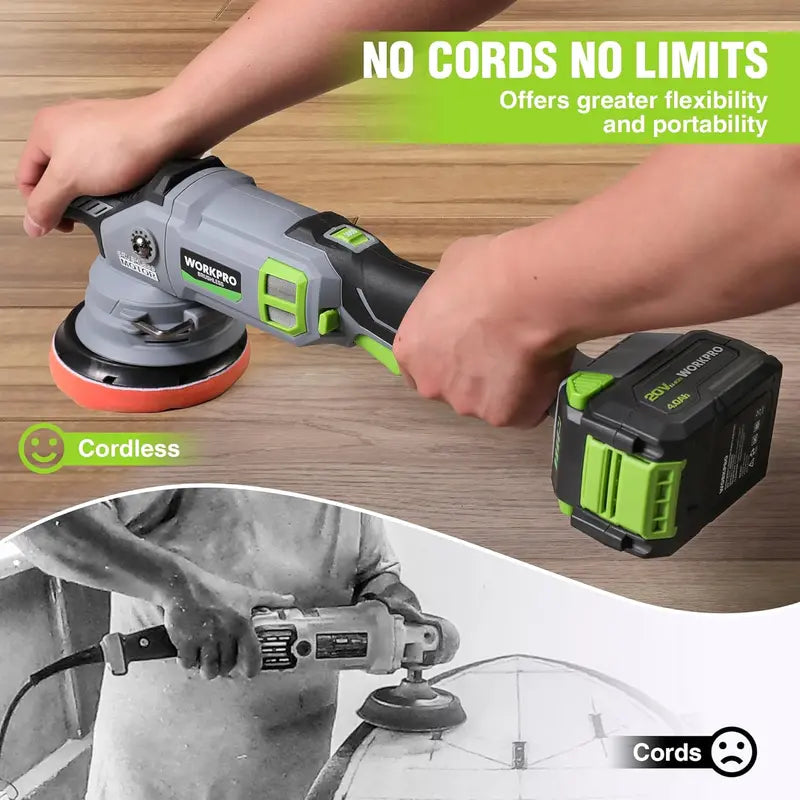 WORKPRO 20V Brushless Dual-Action Polisher – 4.0Ah Battery, 7-Speed, Up to 5000 RPM