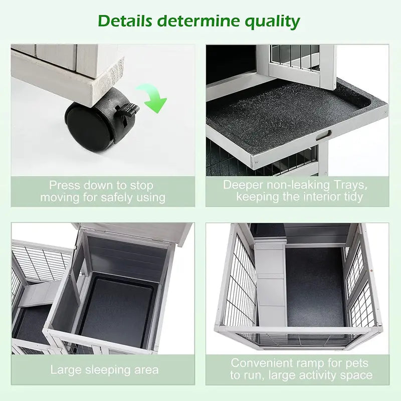 YODOLLA Large Indoor Rabbit Hutch with Wheels, Fir Wood Bunny Cage for Small Animals, Easy Clean Trays & Nesting Box