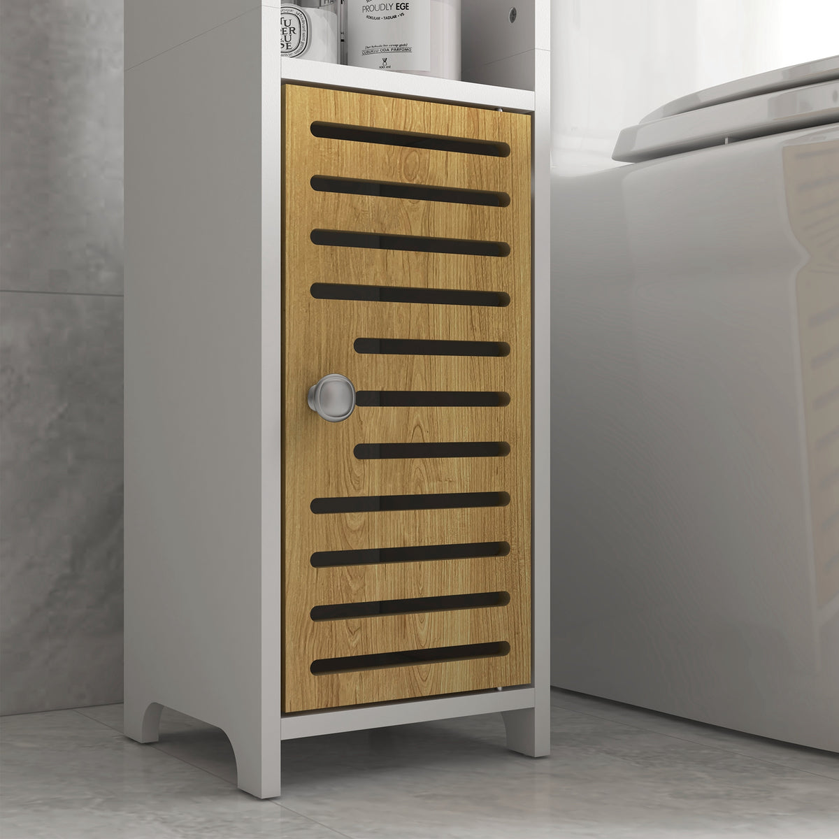 kleankin Badezimmerregal aus Spanplatte mit Regalen und unterem Schrank, 18x20x90 cm, Weiß