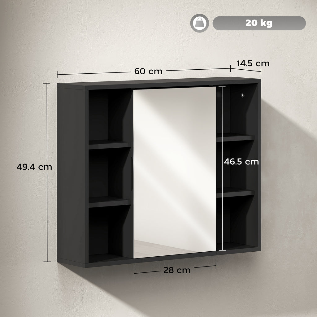 HOMCOM Badezimmerschrank mit Spiegel, Schrank mit Türen und 6 offenen Fächern, 60 x 14,5 x 49,4 cm, Schwarz