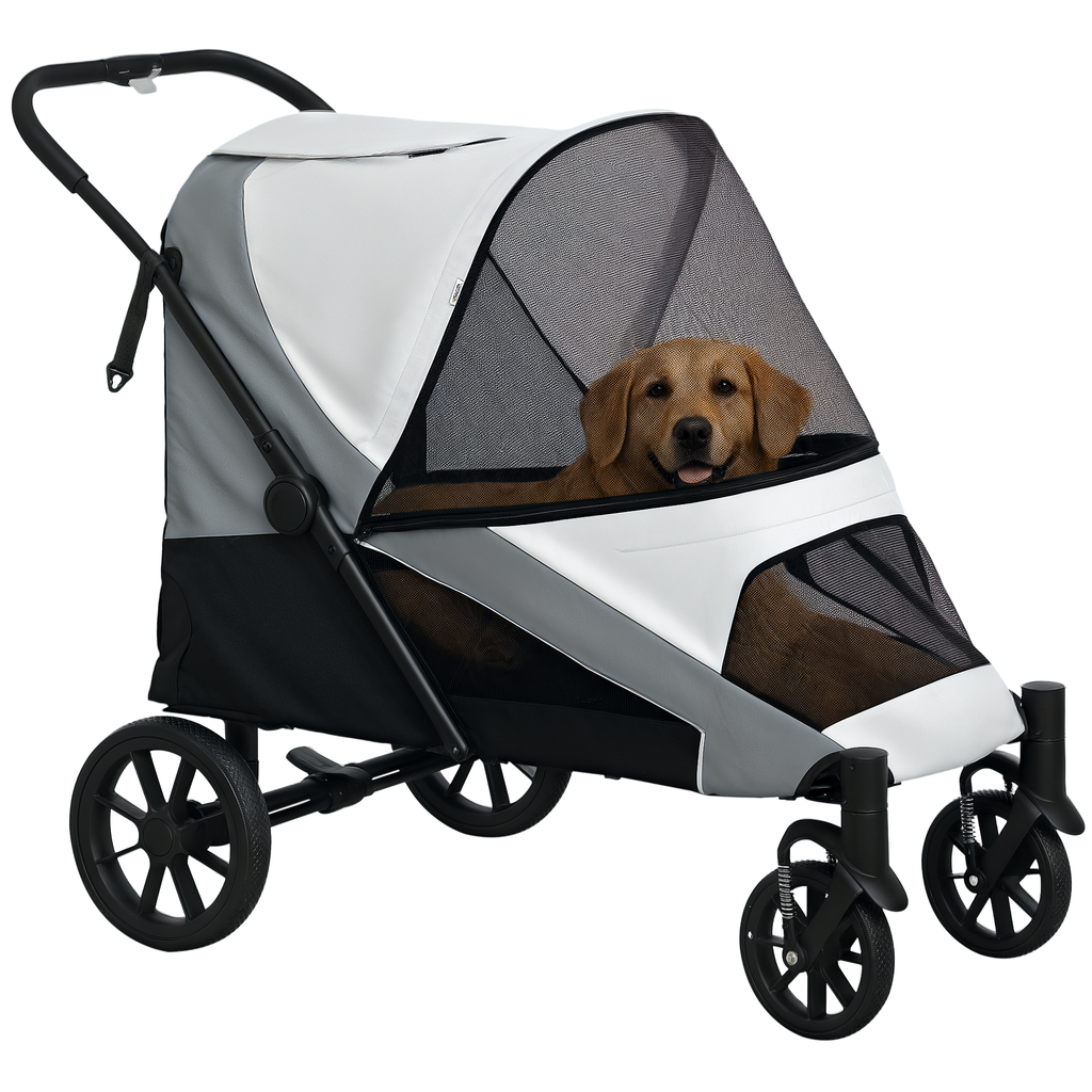 PawHut Hundewagen, Faltbarer Hundebuggy für große Hunde, Haustierwagen mit 4 Rädern, Sicherheitsleinen, Bremsen, Grau