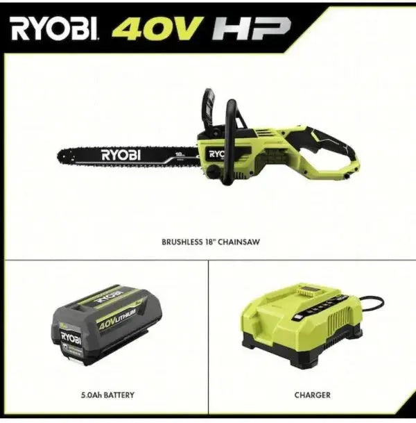 RYOBI 40V 18-Inch Cordless Chainsaw Kit – Brushless Motor, Includes Battery and Charger