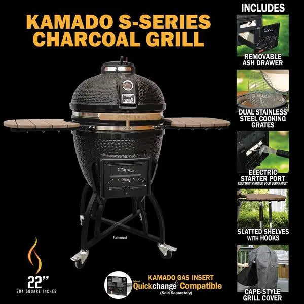 Kamado S-Series 22″ Ceramic Charcoal Grill – Black Kamado with Cart, Side Shelves, Dual Grates, and Ash Drawer