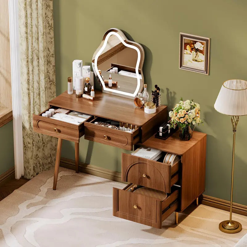 Walnut-Finish Corner Vanity Desk Featuring Frameless Lighted Mirror and Space-Saving Design