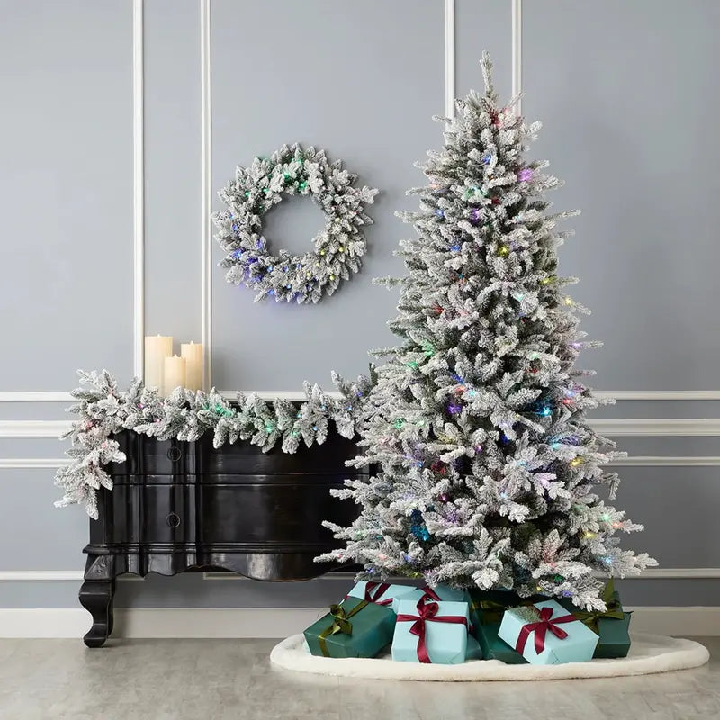 Seasonal LLC 6ft Flocked Pine Garland with RGBW LED Lights, Remote Control, Battery Operated, Indoor/Outdoor