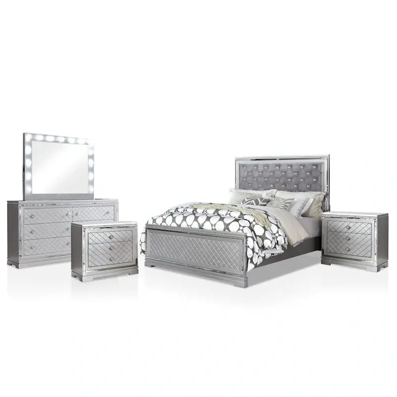 Seleena Glam Tufted Bedroom Set – 5-Piece Silver-Wood Panel Collection with USB Charging Ports