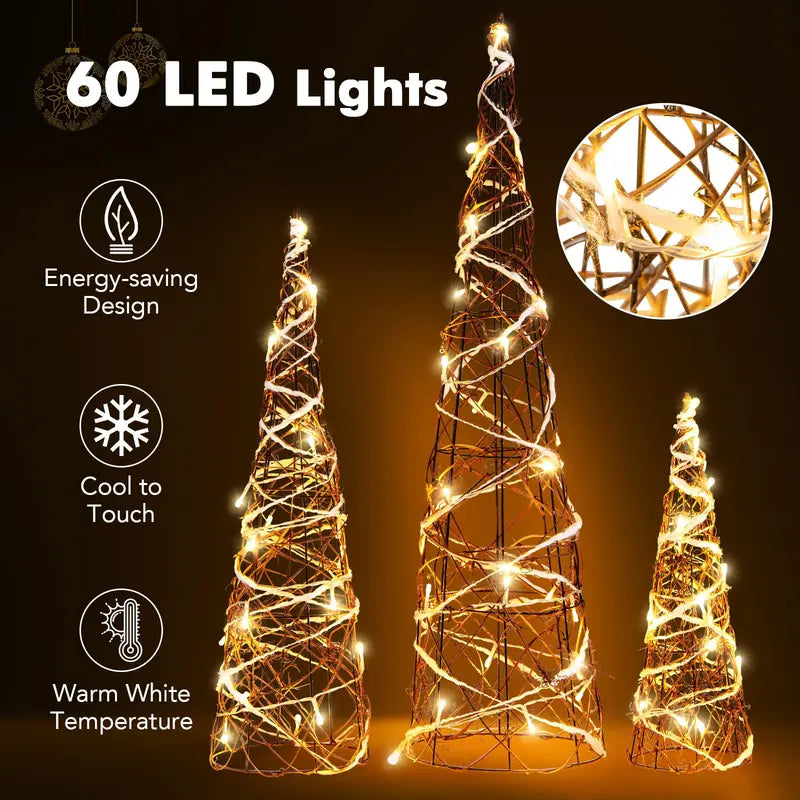 Set of Three Tapered Indoor Christmas Cone Trees — 32″, 24″, and 16″ with Warm White LED Lights