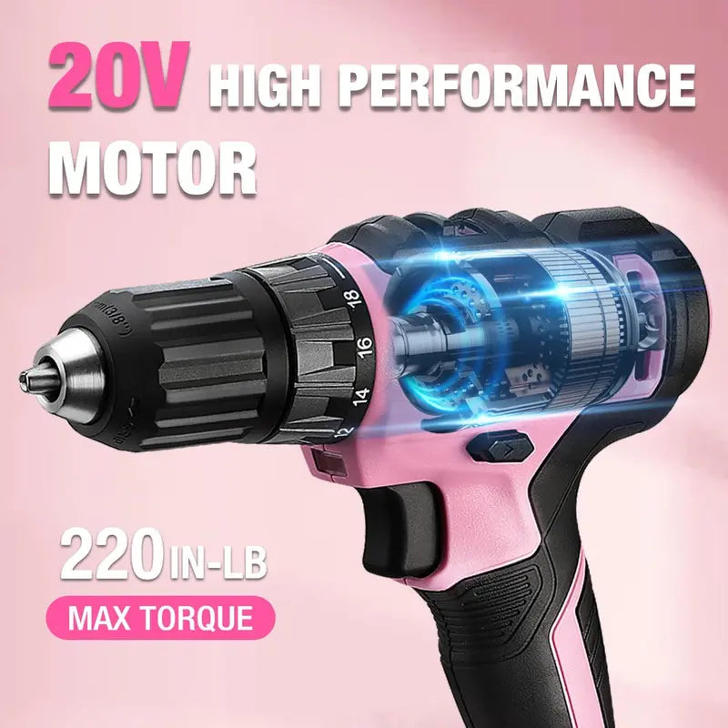 WORKPRO 20V Pink Cordless Drill Driver + 141-Piece Home Tool Kit – Pink Ribbon Bundle