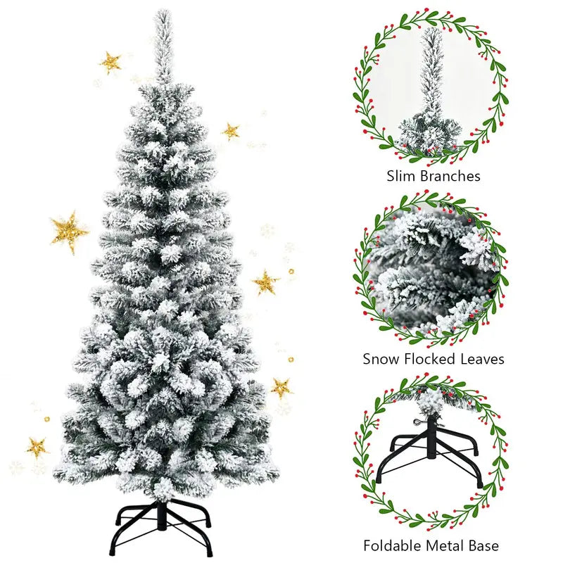 Snowy Slim Artificial Christmas Tree – Weather-Resistant Flocked Xmas Tree for Indoor & Outdoor Use