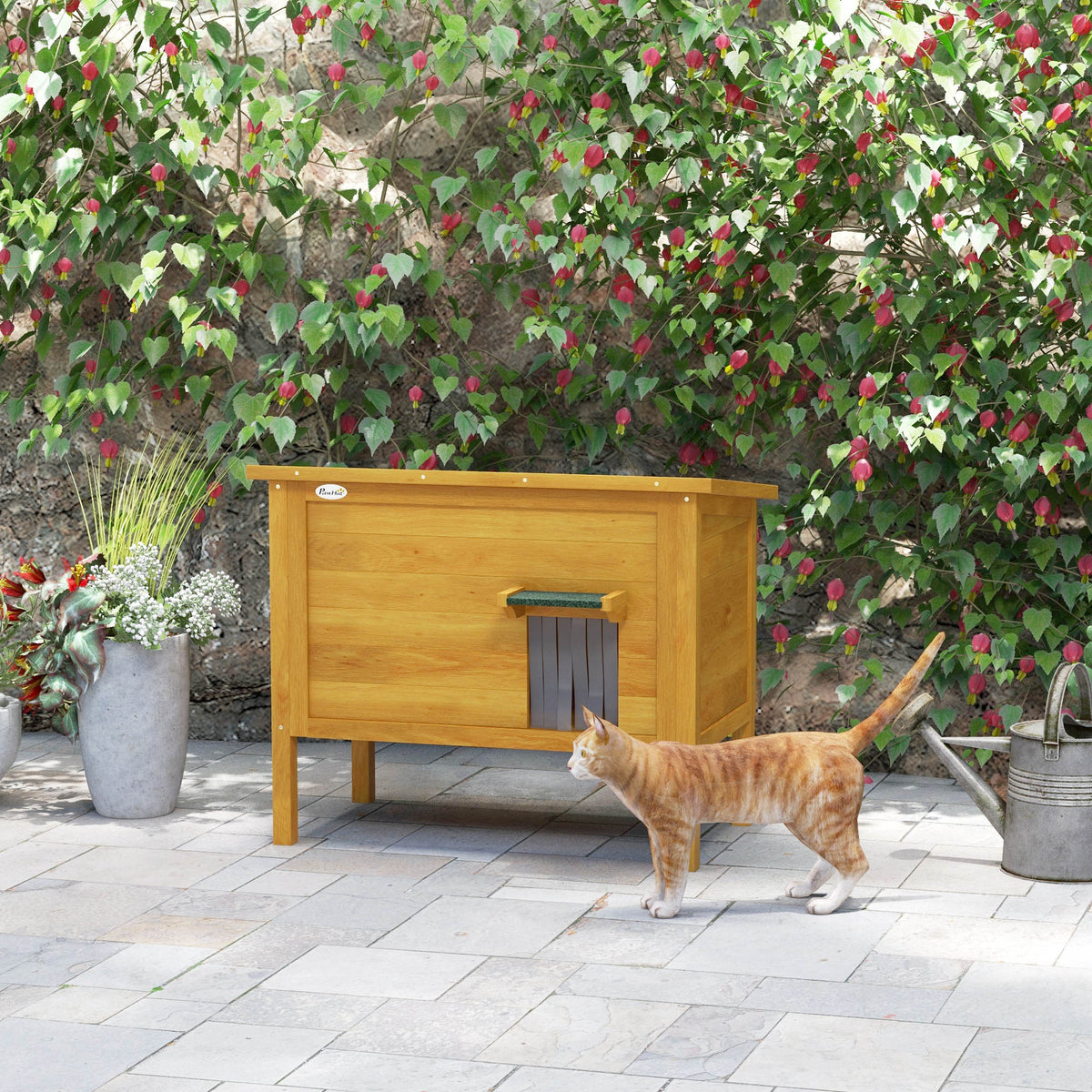 PawHut Katzenhaus Nische für draußen aus erhöhtem Holz mit klappbarem Dach isoliert 85 x 50 x 68,5 cm naturgrün