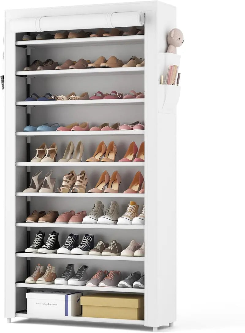 ROJASOP 10-Tier Covered Shoe Rack – Stackable Tall Storage Shelf with Dust Covers