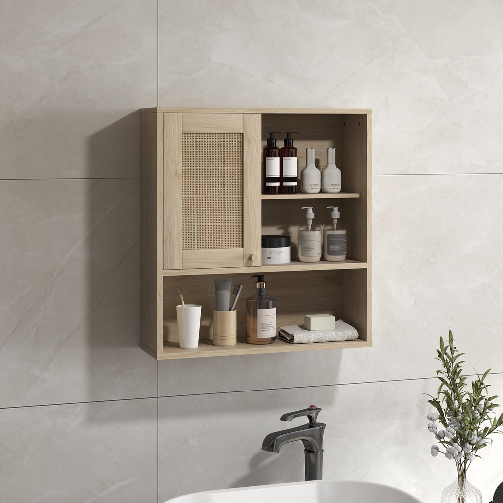 HOMCOM Wandhängeschrank, Badezimmerschrank mit Rattantür und offenen Regalen, Naturholz