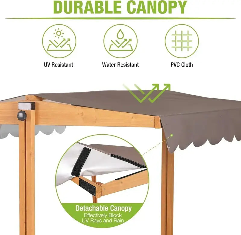 Kids' Wooden Outdoor Sandbox with Retractable Canopy – Includes Foldable Benches & Sand Liner