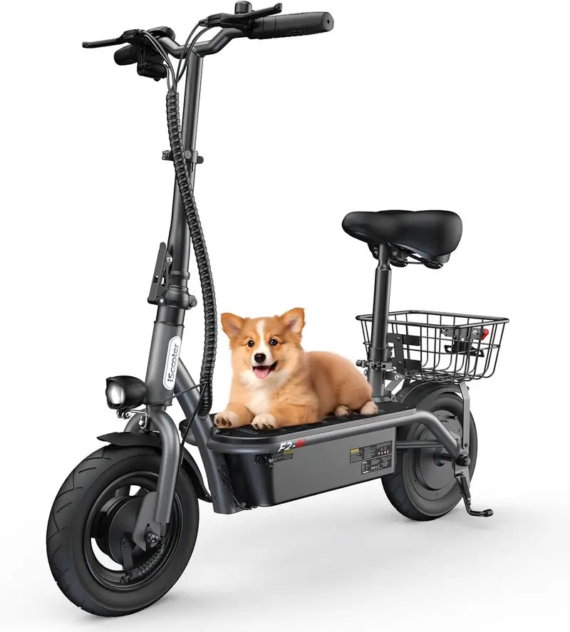 iScooter Foldable Electric Scooter with Seat – 37-Mile Range, Triple-Speed Modes (28/19/15.6 mph), Dual Suspension & Front Basket