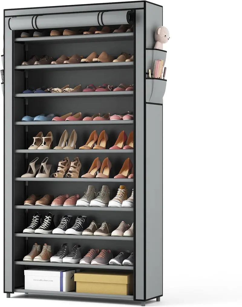 ROJASOP 10-Tier Covered Shoe Rack – Stackable Tall Storage Shelf with Dust Covers