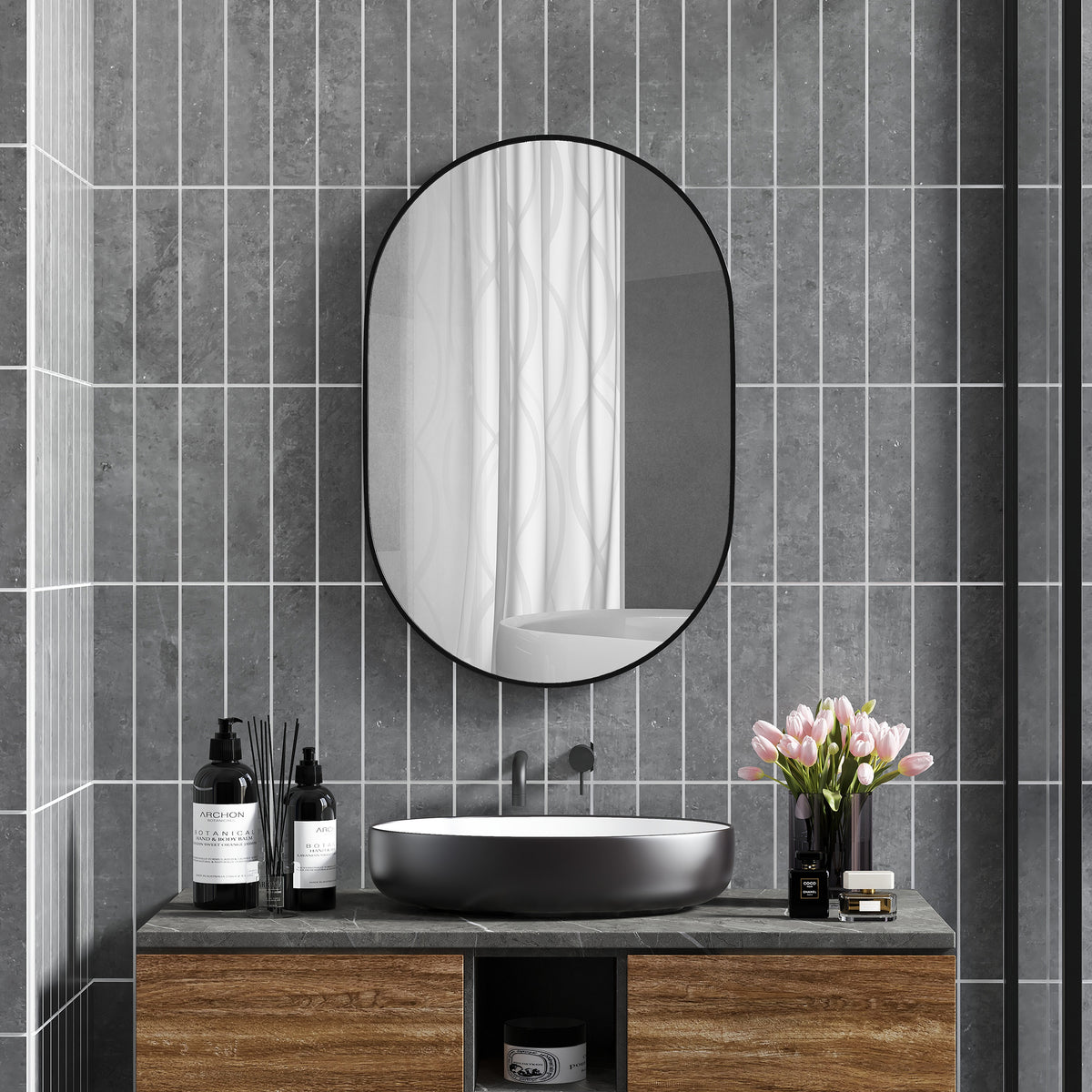 HOMCOM Ovale Badezimmerspiegel Wandmontage mit Aluminiumrahmen, Vertikal oder Horizontal, 60x90cm, Schwarz