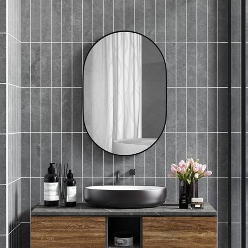 HOMCOM Ovale Badezimmerspiegel Wandmontage mit Aluminiumrahmen, Vertikal oder Horizontal, 60x90cm, Schwarz