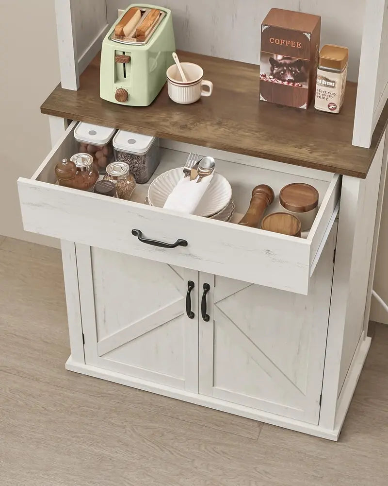 Rustic White Farmhouse Pantry Cabinet – LED-Lit Storage with Charging Port, Drawer & Adjustable Shelves