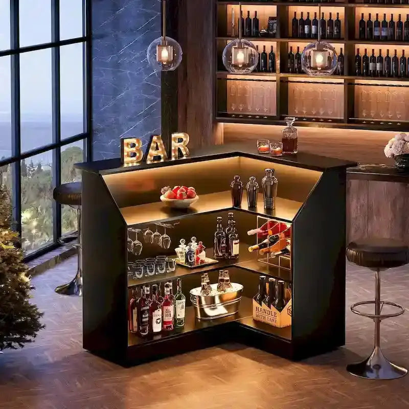 L-Shaped Bar Cabinet with Stemware Racks – Stylish Home Pub Storage Solution