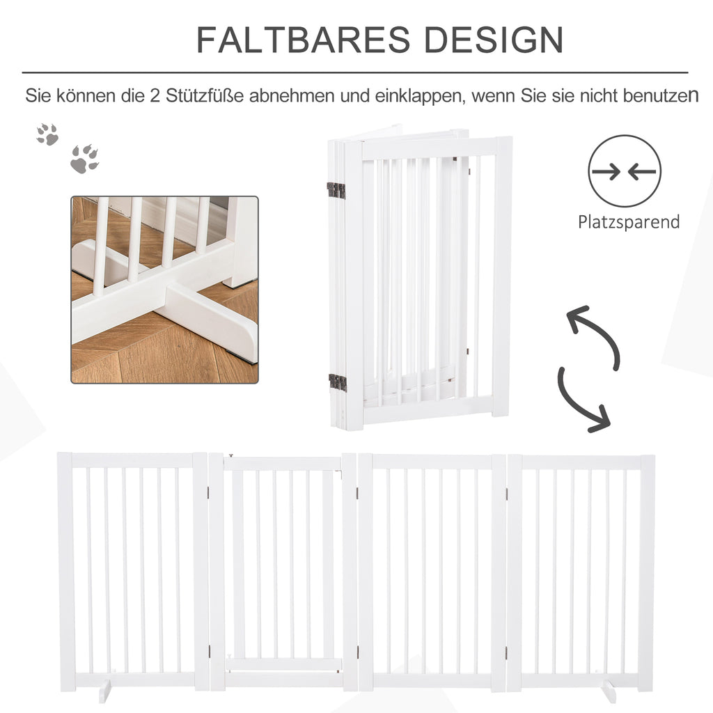 PawHut Absperrgitter Hund 4-teilig, 204 x 75 cm Faltbar Türschutzgitter mit Tür, Freistehend Hundegitter mit 2 Stützfüßen, Treppengitter aus Holz für Flur, Küche, Treppe, Weiß