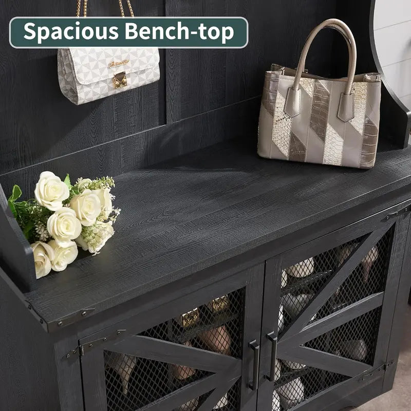 JXQTLINGMU Farmhouse Entryway Bench – 59-Inch Shoe Storage Foyer Tree with Coat Hooks & Cabinet