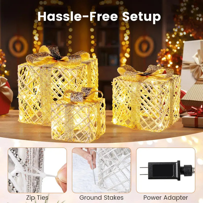 Set of Three Lighted Gift Box Ornaments — 90 LEDs Total, Festive Bow Accents for Indoor or Outdoor Use