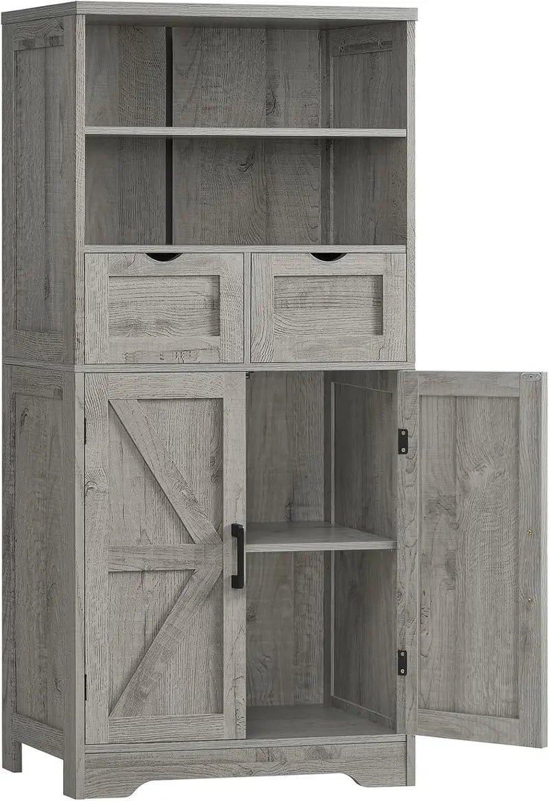 White Farmhouse Storage Cabinet – Two-Drawer Pantry or Bathroom Hutch with Adjustable Interior Shelving