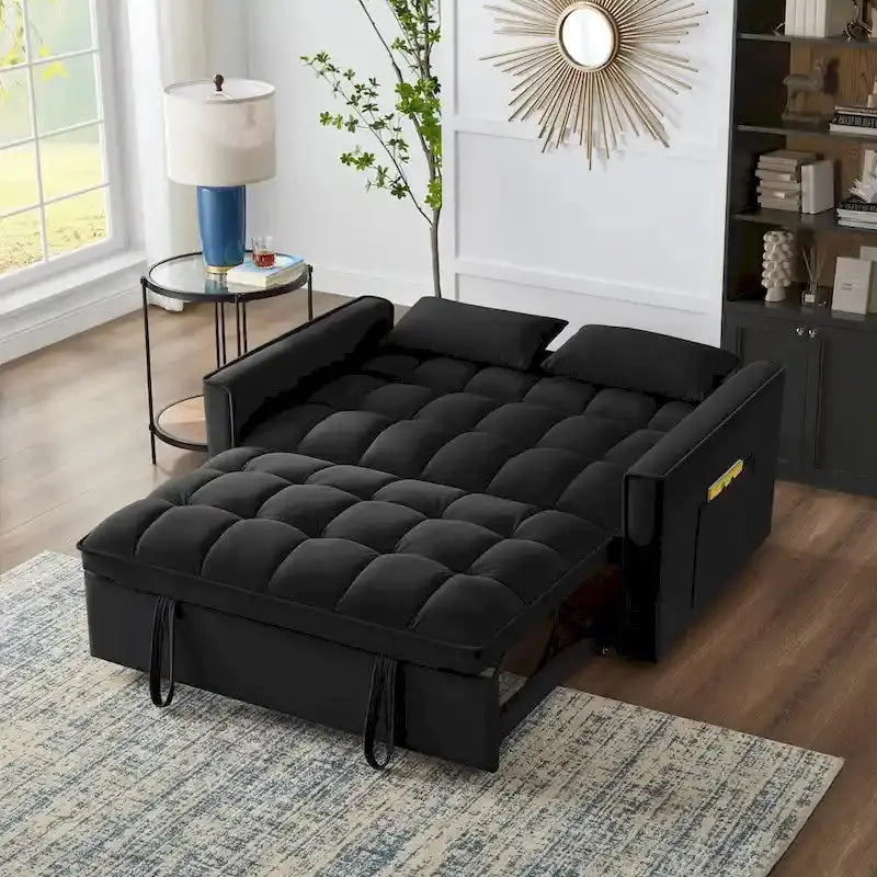Velvet Pull-Out Sleeper Loveseat – Convertible Reclining Couch with Dual Side Storage Pockets