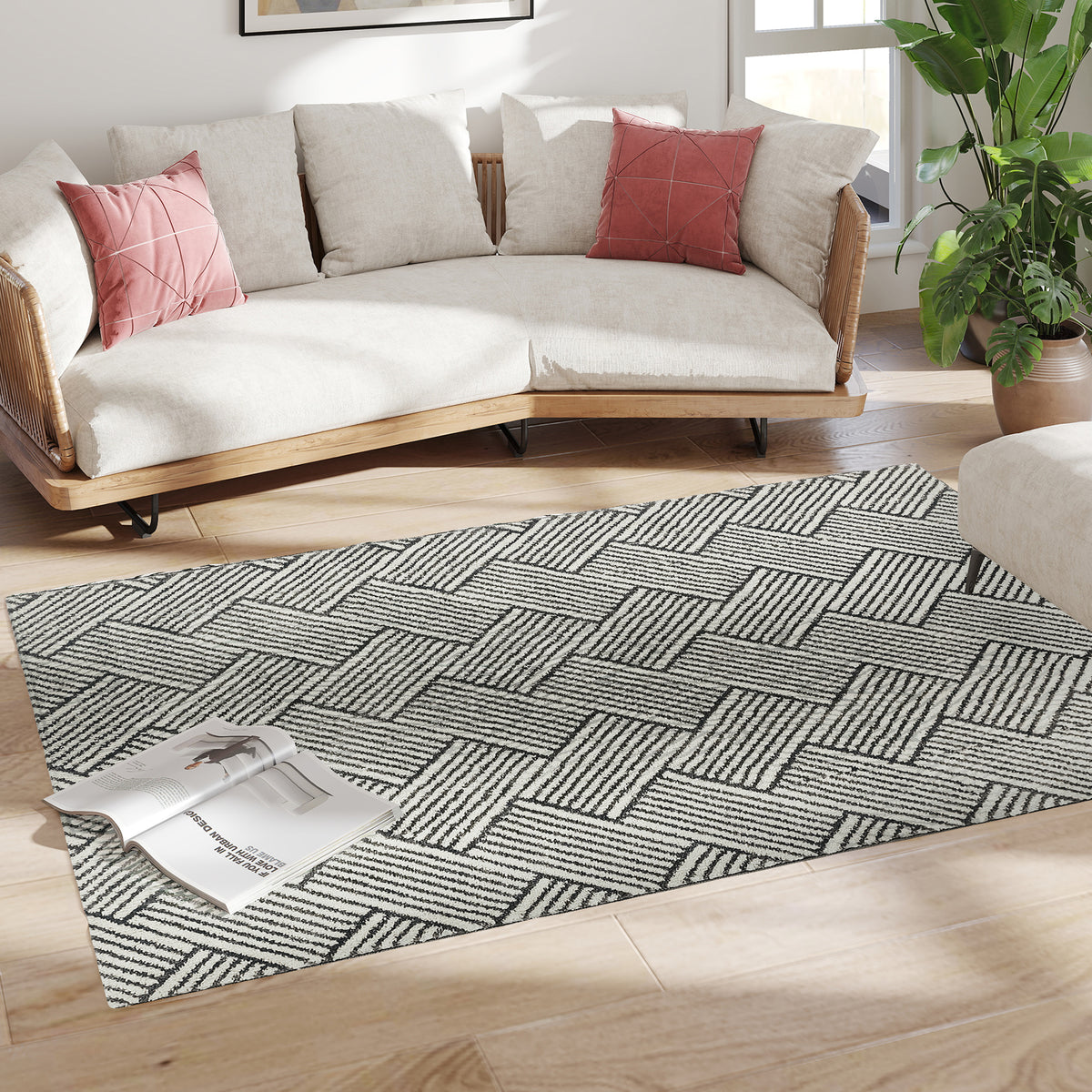 HOMCOM Teppich Wohnzimmer 170 x 120 cm Kurzflor maschinenwaschbar hypoallergen für Wohnzimmer, Schlafzimmer, Büro, hellgrau