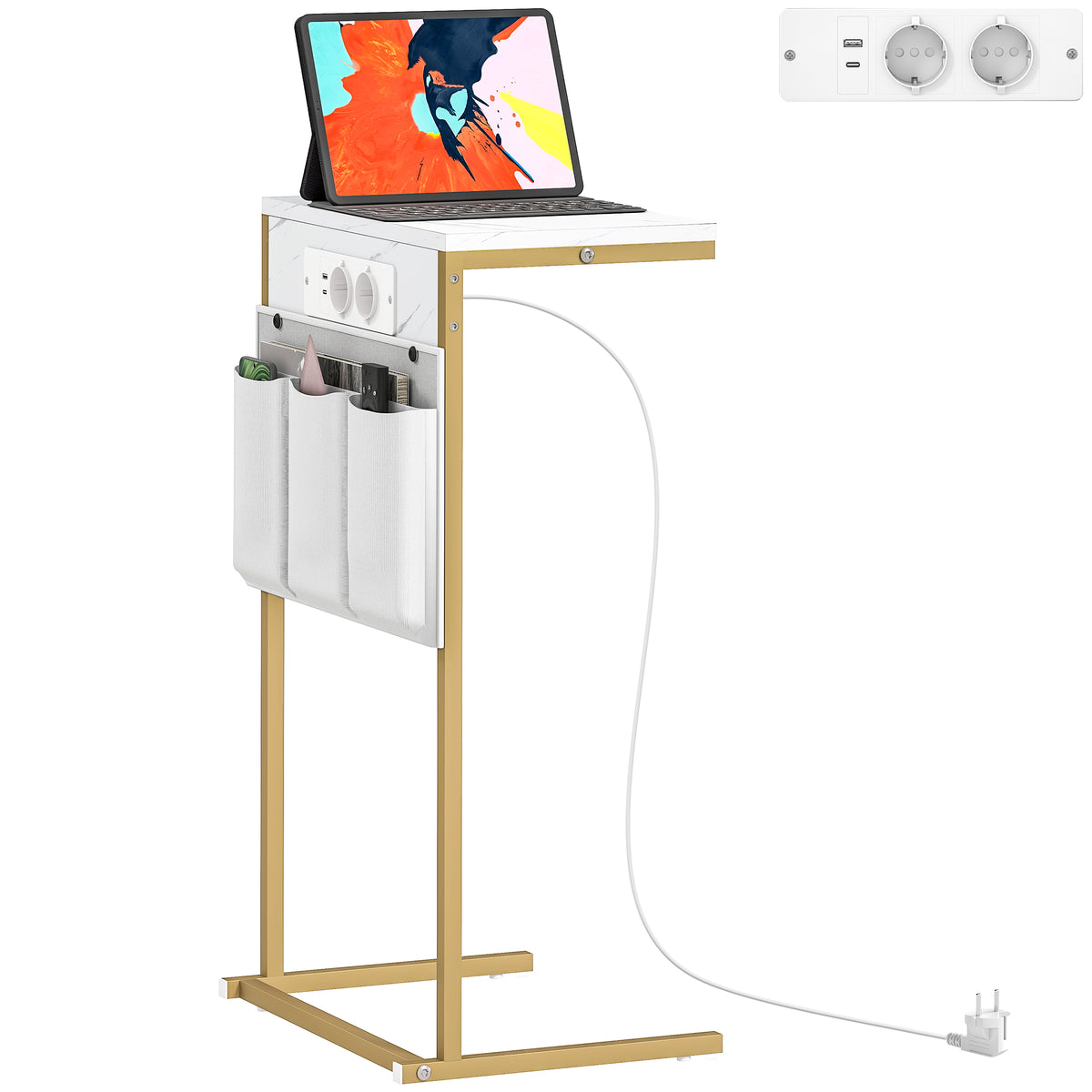HOMCOM Couchtisch C-Form Marmoreffekt mit integrierten Steckdosen und USB, Weiß