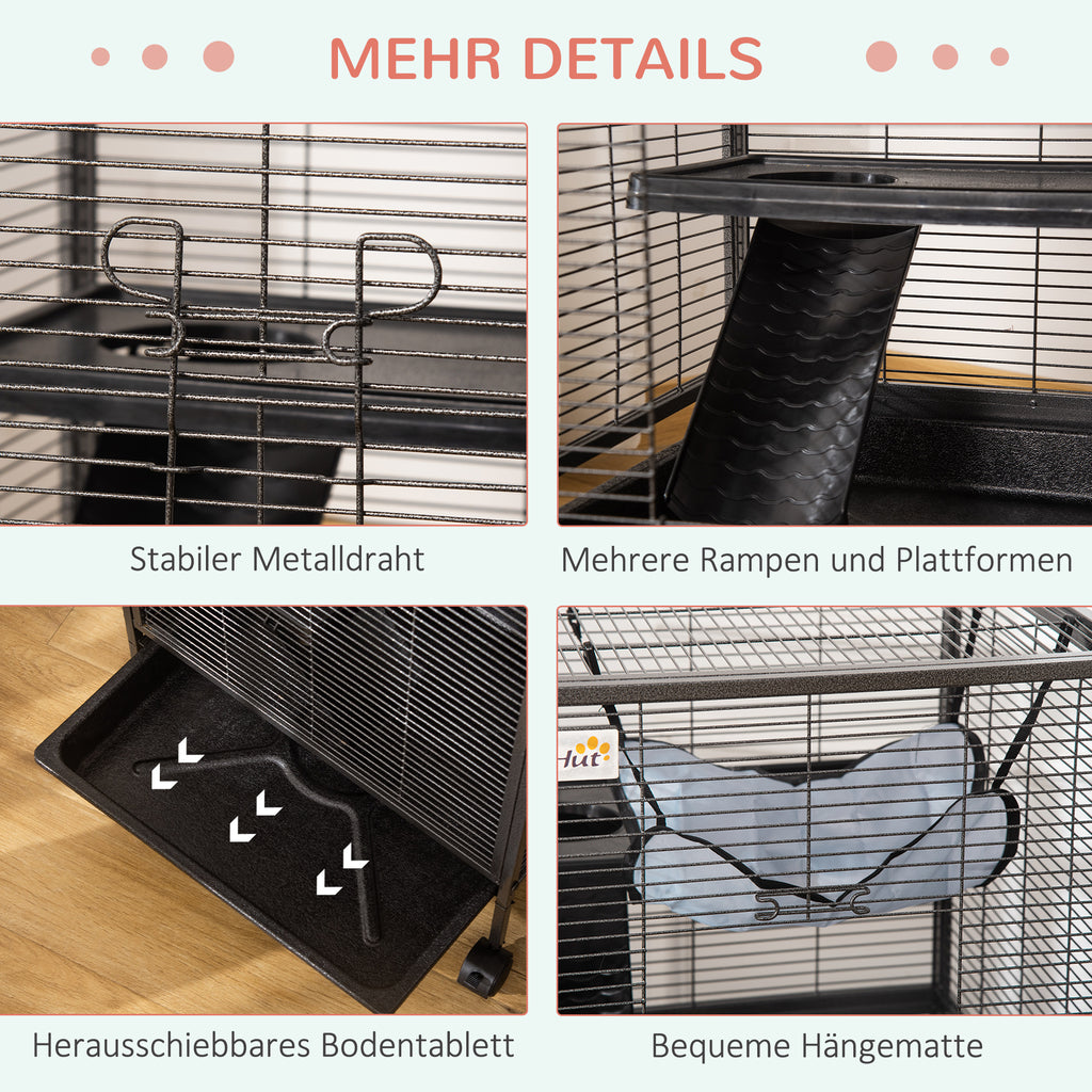 PawHut Kleintierkäfig, Rollbarer Nagerkäfig, 3-stöckiger Tierkäfig mit Hängematten 2 Türen, Metall, Stahl, 52 x 52 x 113,5 cm