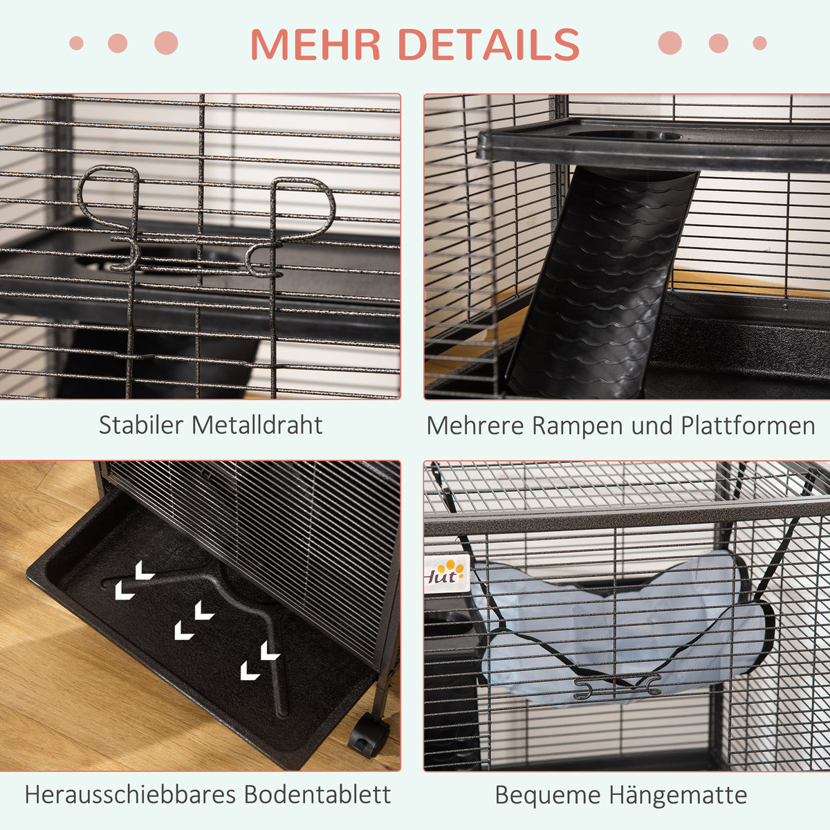 PawHut Kleintierkäfig, Rollbarer Nagerkäfig, 3-stöckiger Tierkäfig mit Hängematten 2 Türen, Metall, Stahl, 52 x 52 x 113,5 cm