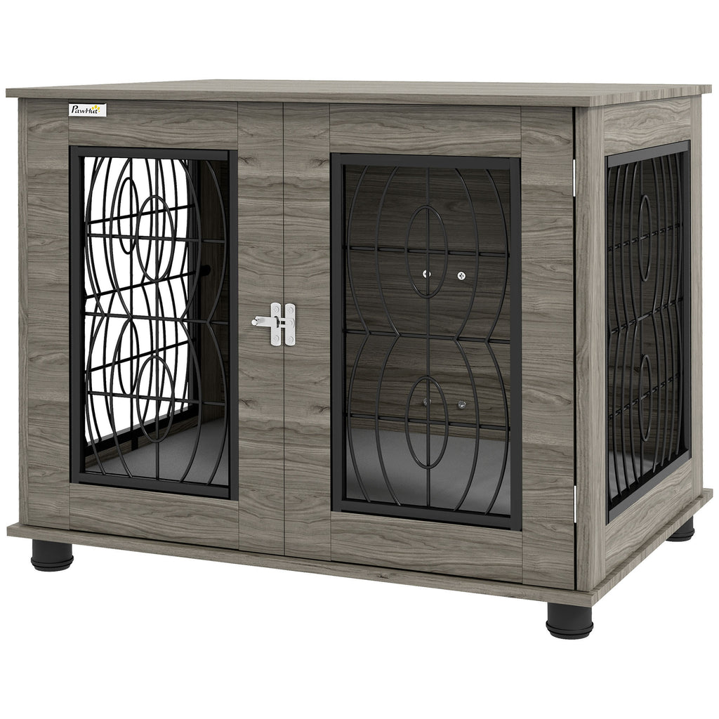 PawHut Hundebox mit Liegekissen, bis 20kg/50cm Körperlänge, Metall, 80x56x63cm, Grau/Holzdekor