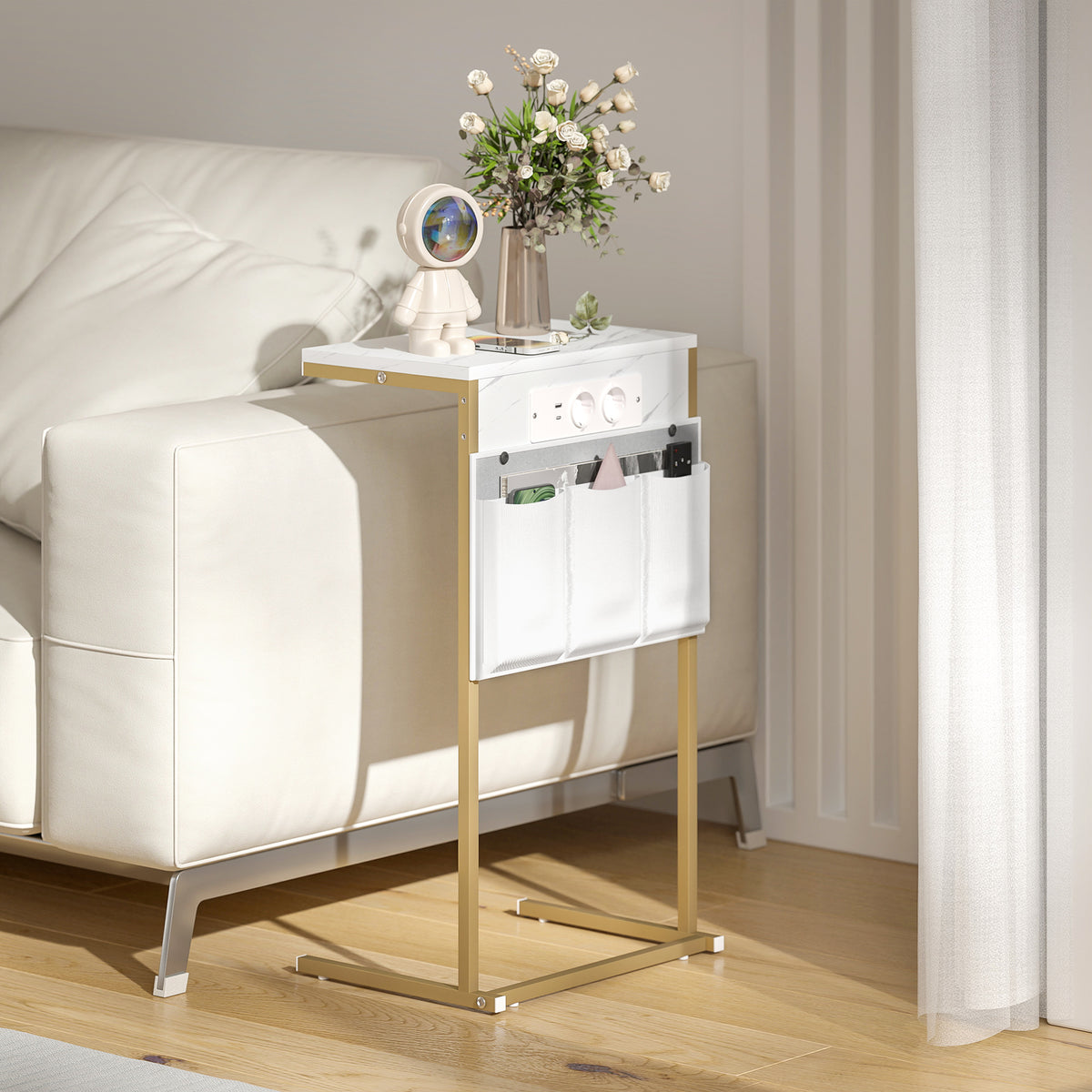 HOMCOM Couchtisch C-Form Marmoreffekt mit integrierten Steckdosen und USB, Weiß