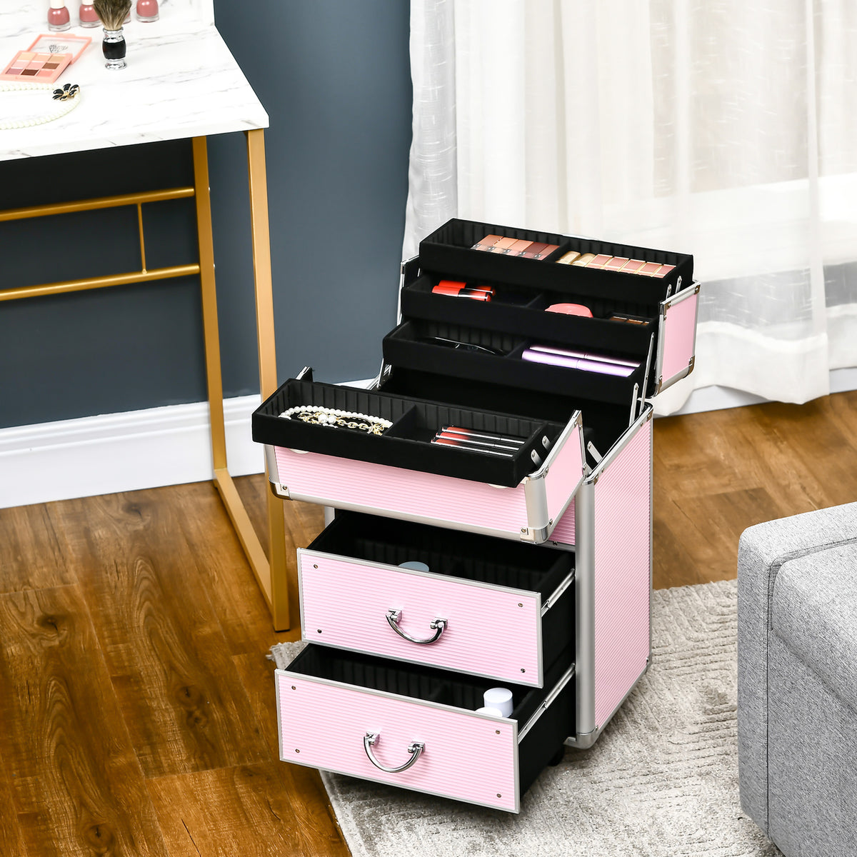 HOMCOM Kosmetikkoffer Trolley Make-up Koffer Kosmetikkoffer Vanity Verstellbarer Teleskopgriff 36L x 23B x 58H cm Alu ABS Rosa