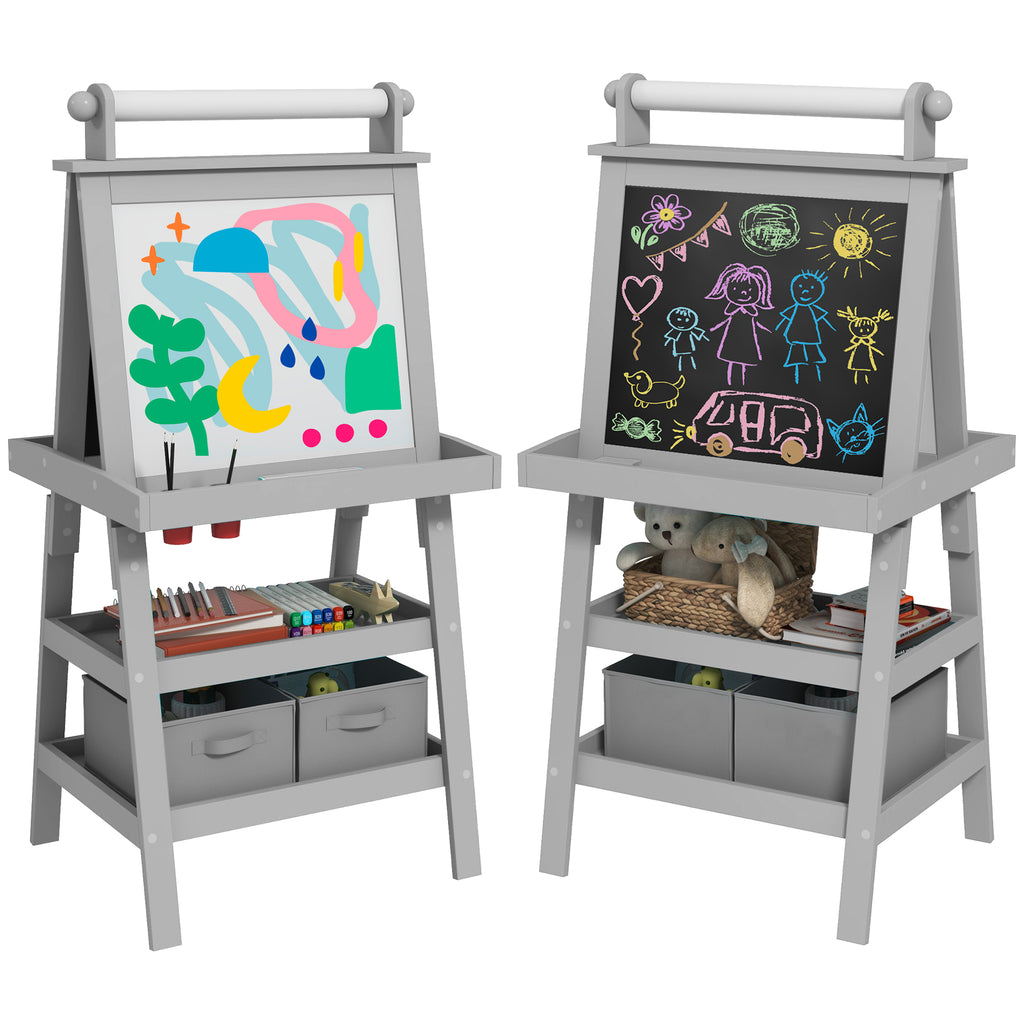 AIYAPLAY Kinderklappstaffelei 3 in 1 mit magnetischer weißer Tafel, Kreidetafel, Papierrolle, 2 Körben, 3-6 Jahre, Grau