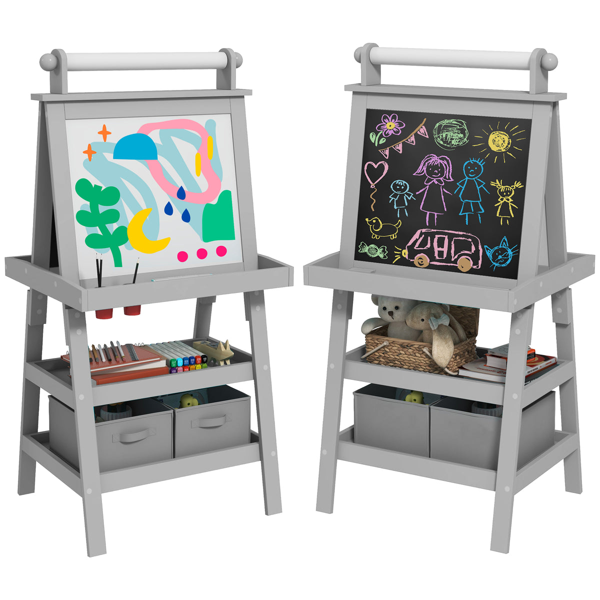 AIYAPLAY Kinderklappstaffelei 3 in 1 mit magnetischer weißer Tafel, Kreidetafel, Papierrolle, 2 Körben, 3-6 Jahre, Grau