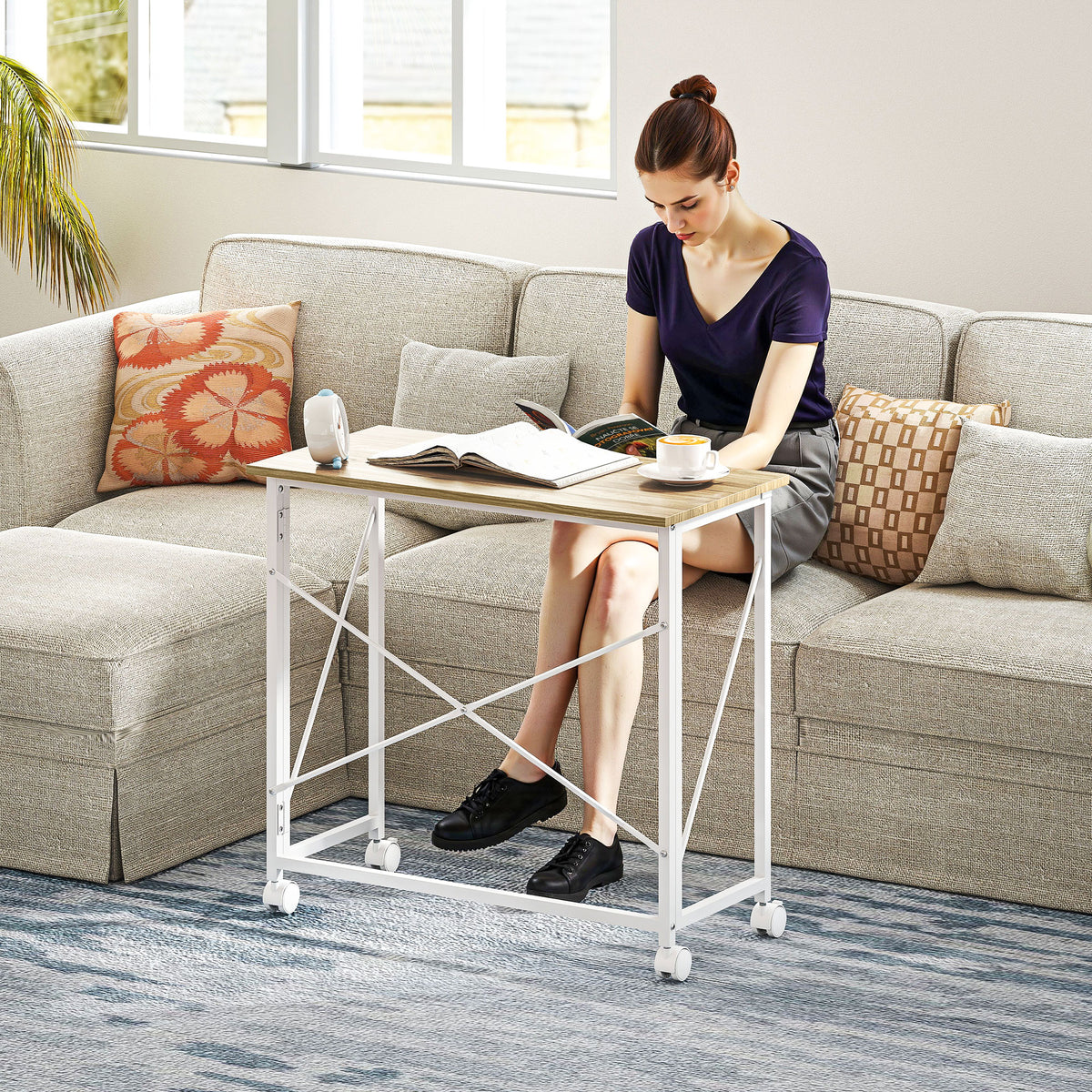 HOMCOM Klappbarer Computertisch 80 x 40 cm auf Rollen für Homeoffice, Schlafzimmer, kleine Räume, Eiche