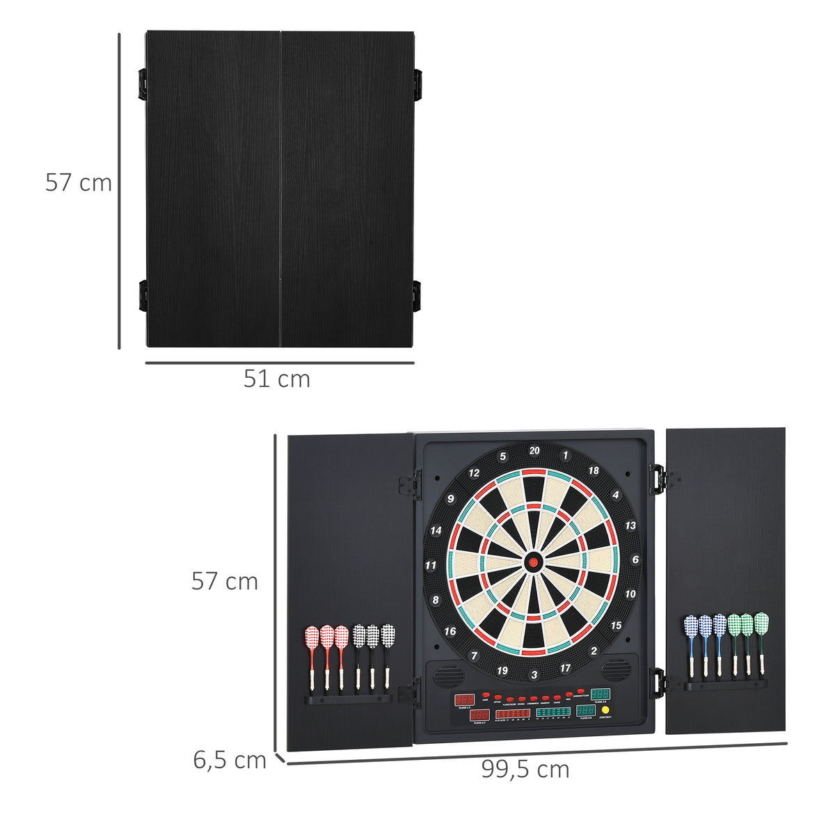 HOMCOM Elektronische Dart-set mit Tür Dartboard Dartscheibe mit automatischer Wertung Soundeffekte 12 Darts 27 Spiele und 202 Trefferoptionen für 8 Spieler 57 x 51 x 6,5 cm
