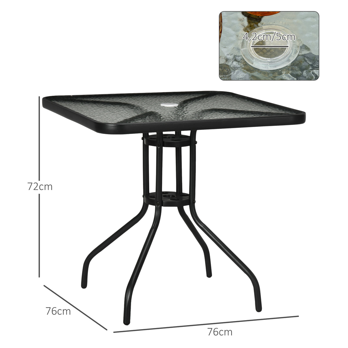 Outsunny Gartentisch Abnehmbar Metall 76x76 cm Wetterfest Balkontisch mit Schirmloch, rutschfest Schwarz