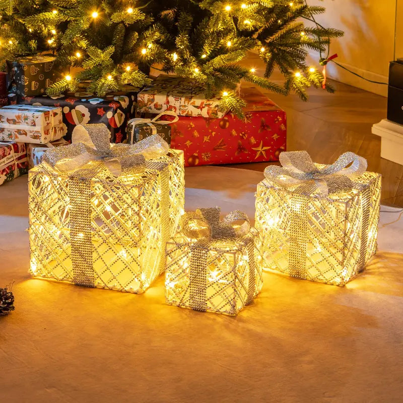 Set of Three Lighted Gift Box Ornaments — 90 LEDs Total, Festive Bow Accents for Indoor or Outdoor Use