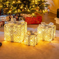 Set of Three Lighted Gift Box Ornaments — 90 LEDs Total, Festive Bow Accents for Indoor or Outdoor Use