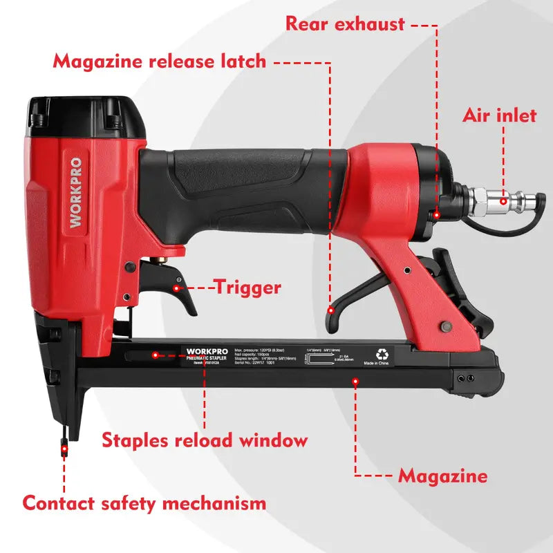 WORKPRO Pneumatic 21/22-Gauge Staple Gun for Upholstery – Includes Staples (1/4″–5/8″)